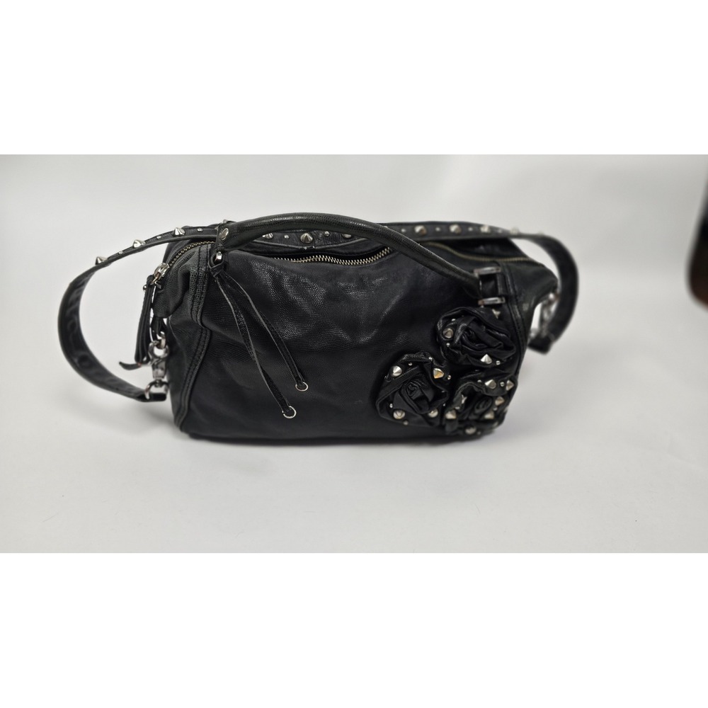 Betsey Johnson Black Lizard Embossed Satchel | Studded Rosette Leopard Interior